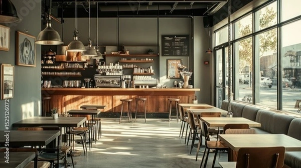 Obraz Industrial-inspired coffee shop with rugged tables, gray-beige seating, and hanging steel light fixtures giving a sleek look