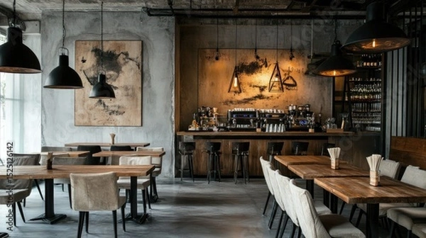 Obraz Industrial-modern cafe with rustic wooden tables, neutral fabric chairs, and black metal pendant lights hanging from a raw concrete ceiling