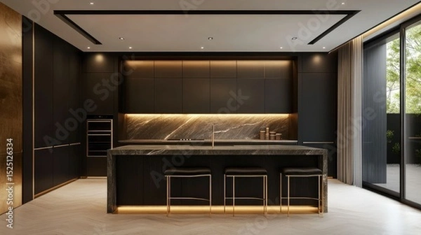 Obraz Luxury minimalist kitchen featuring dark materials, a long island with clean lines, gold-finish cabinetry, and soft lighting