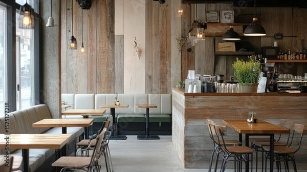 Obraz Rustic-industrial cafe with raw wood tabletops, pale upholstered chairs, and minimalist hanging black metal lighting