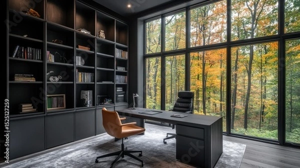 Obraz Sleek dark-toned office with clean lines, built-in shelves, and a wall of windows offering a panoramic forest landscape