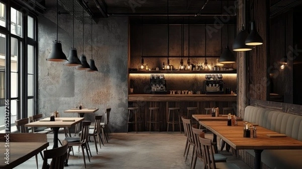 Obraz Rustic-industrial cafe with raw wood tabletops, pale upholstered chairs, and minimalist hanging black metal lighting