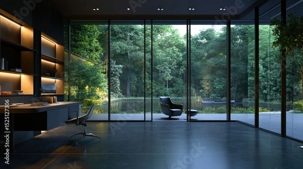 Obraz Sophisticated dark interior office with a sleek workspace, subtle lighting, and expansive glass panes opening to a nature-filled backdrop