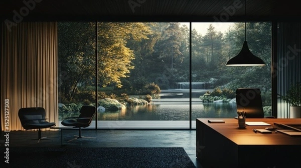 Obraz Sophisticated dark interior office with a sleek workspace, subtle lighting, and expansive glass panes opening to a nature-filled backdrop