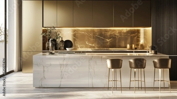 Obraz Urban kitchen with modern minimalism, long bar-height island, elegant stools, and golden reflective upper storage