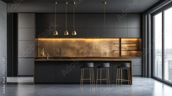 Obraz Urban kitchen with modern minimalism, long bar-height island, elegant stools, and golden reflective upper storage