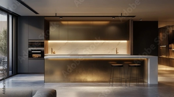 Obraz Urban kitchen with modern minimalism, long bar-height island, elegant stools, and golden reflective upper storage