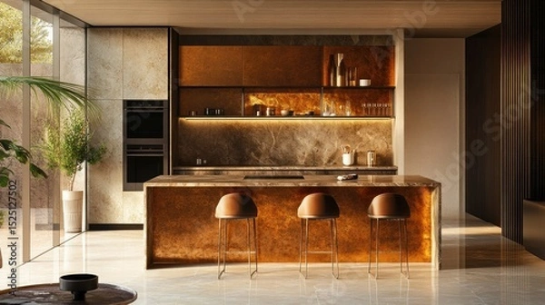 Obraz Urban kitchen with modern minimalism, long bar-height island, elegant stools, and golden reflective upper storage