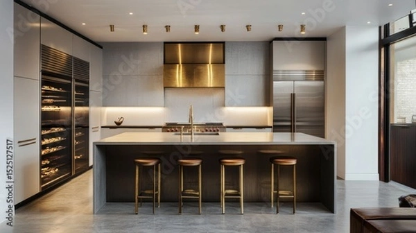 Obraz Urban kitchen with modern minimalism, long bar-height island, elegant stools, and golden reflective upper storage