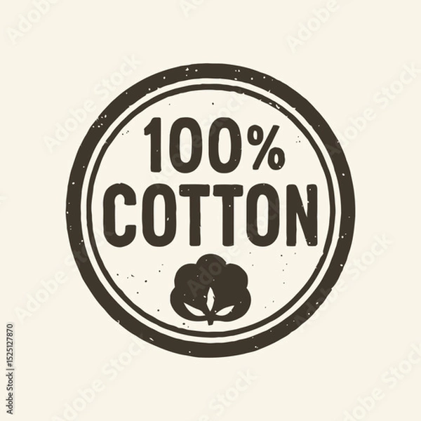 Fototapeta A vintage-style “100% Cotton” stamp with an oval frame and rough, textured edges perfect for product packaging, fabric labels, eco-friendly branding, and natural clothing tags.