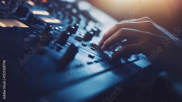 Fototapeta Professional sound engineer working on audio mixing console