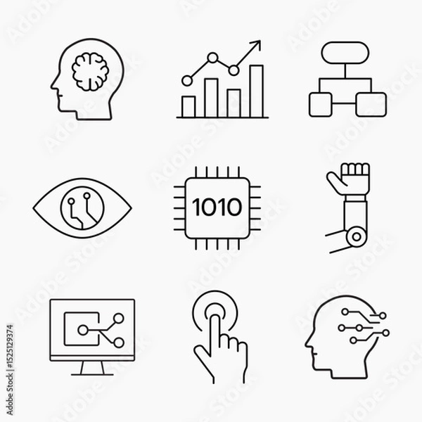 Fototapeta Clean outline icons of artificial intelligence, robotics, automation and digital interfaces, ideal for tech, UI and innovation themed designs