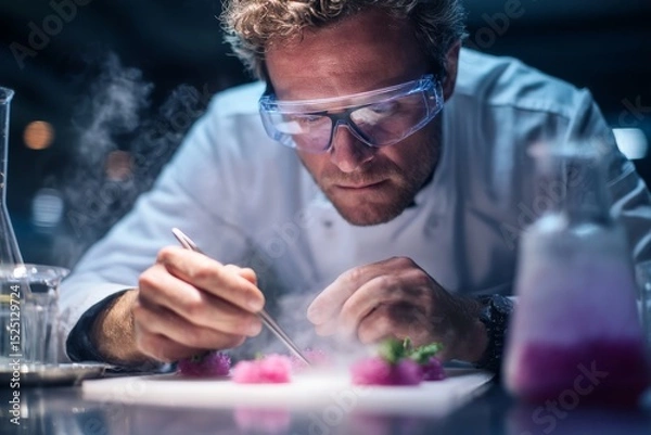 Fototapeta Focused male chef in safety goggles preparing a molecular gastronomy dish with pink foam and laboratory tools. Depicts innovation, precision, and modern experimental cuisine.