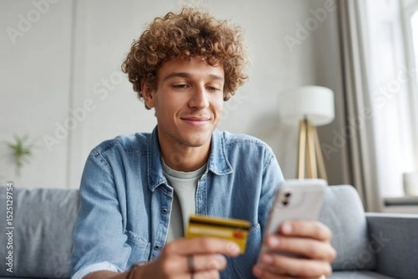 Fototapeta Young man with curly hair using a smartphone while holding a credit card, seated comfortably indoors. Represents online shopping, digital payments, and modern consumer behavior.