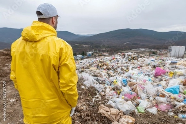 Fototapeta Man in a yellow raincoat standing at a landfill site filled with plastic waste and garbage, overlooking a mountainous landscape. Highlights environmental pollution and waste management issues.