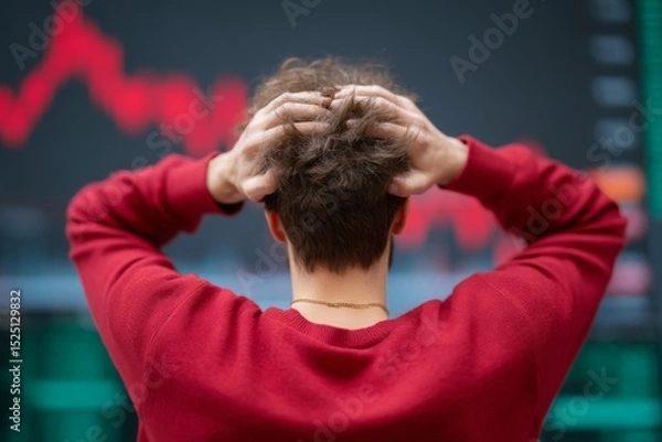 Fototapeta Rear view of a man in a red sweater holding his head in distress in front of a screen showing a falling stock chart. Captures financial loss, crisis, and market volatility.