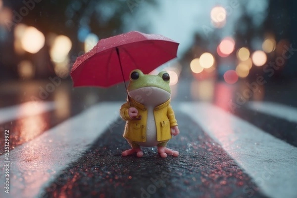 Fototapeta Cute cartoon frog in a yellow raincoat holding a red umbrella, standing on a wet crosswalk in a city at night. Evokes whimsy, weather, and imaginative children’s storytelling.