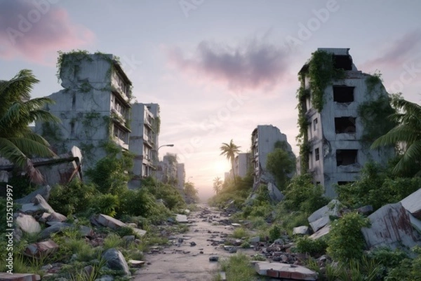 Fototapeta Crumbling buildings and streets overtaken by nature in an abandoned urban area at sunrise. Suggests post-apocalyptic themes, urban decay, and the resilience of nature over time.