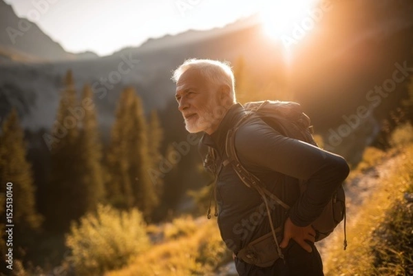 Fototapeta Elderly man with a backpack hiking through a mountainous forest at sunset, bathed in warm light. Represents active aging, adventure, and connection with nature.