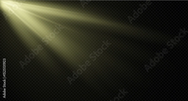 Fototapeta Spotlight on the stage or divine particle rays isolated on a black transparent background. The glow of the rays