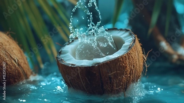 Fototapeta A fresh coconut is halved and filled with coconut water, which is dramatically splashing into the air.
