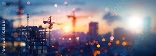 Fototapeta A construction site at sunset with cranes towering over partially completed buildings. The background includes a bokeh effect with blurred lights in orange, yellow, and white tones.