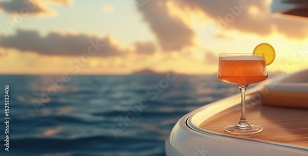 Fototapeta An orange cocktail is served in a coupe glass garnished with a lemon wheel, set on the deck of a yacht. The background reveals a calm ocean, with distant silhouettes of small islands on the sunset.