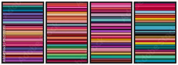 Obraz Set of colorful geometric posters with vibrant stripes of unique shapes with chaotic geometry and volumetric lighting effects, depth and contrast. Bright and bold lines of spatial geometry. Vector