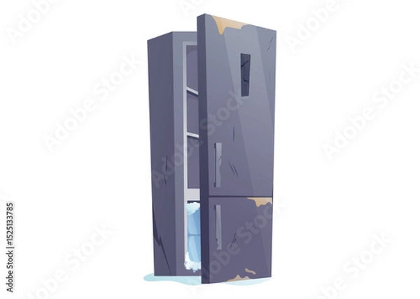 Obraz Vector cartoon illustration of old dirty fridge with broken panel, scratches, slightly open door. Worn out refrigerator with stains and damage, for game backgrounds, or abandoned interiors.