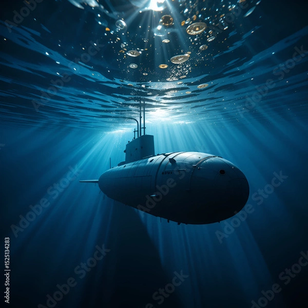Fototapeta A submarine navigates the tranquil, deep blue ocean under the sunlight filtering through the water, creating a serene yet mysterious atmosphere.