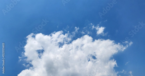 Fototapeta A bright blue sky is adorned with a large, billowy white cloud, suggesting a clear day with fair weather conditions.