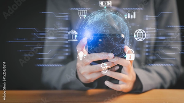 Fototapeta Businessperson holding smartphone with digital globe hologram and fintech icons, symbolizing global finance, cybersecurity, and innovation. Financial and banking, Digital link tech, big data.
