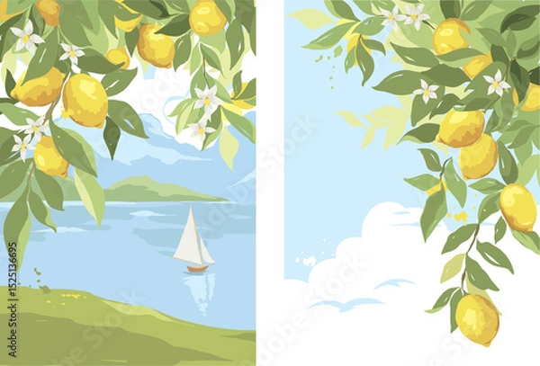 Fototapeta Backgrounds with lemon branches and sea. Hand drawn vector illustration in watercolor style, poster or label with citrus and Mediterranean landscape.