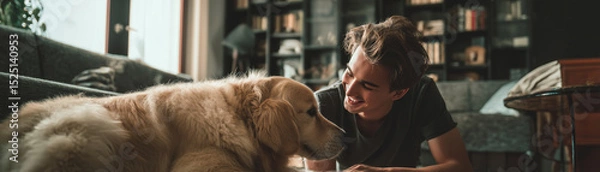 Fototapeta Young man enjoys affectionate moment with dog at home interior