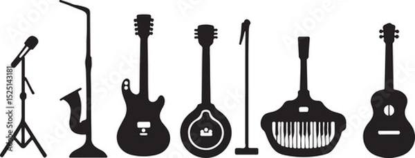 Obraz musical instrument silhouette, music vector icon, instrument clipart, sound equipment outline, guitar silhouette, piano keys shape, violin shadow image, trumpet vector design,