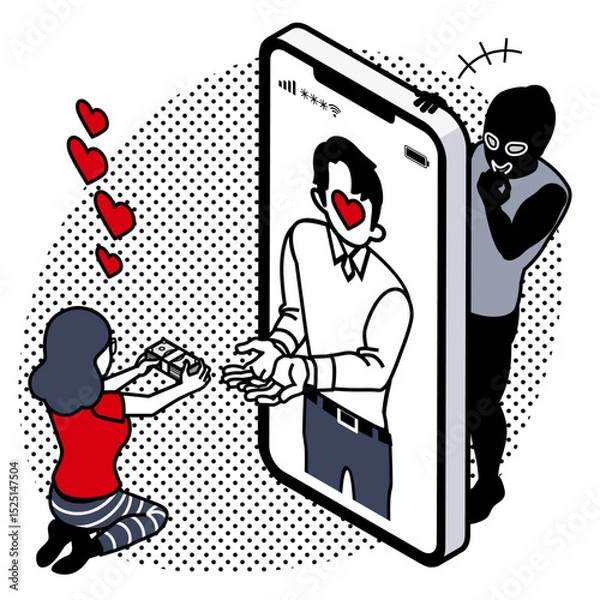 Fototapeta Romance Scam – Woman Sending Money to a Man on Her Smartphone While a Hidden Scammer Watches and Smirks