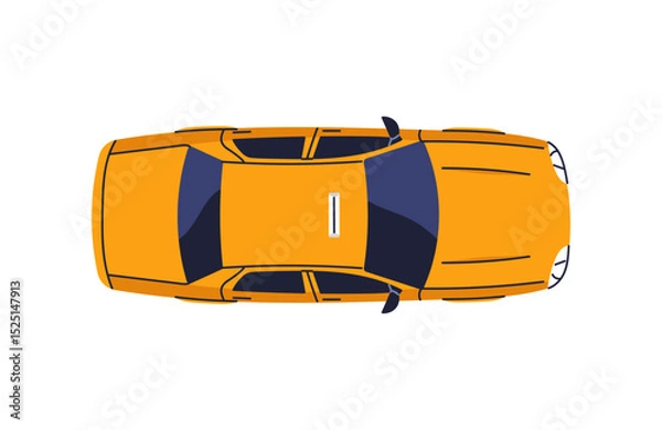 Fototapeta Taxi vehicle icon, yellow urban car, checkered cab roof, city transport service, public ride solution, top view automobile, modern traffic symbol, downtown commuting car flat vector illustration.