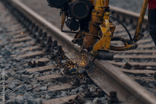 Fototapeta A worker in the process of a railroad track weld repair, reconstruction with a freight train passing