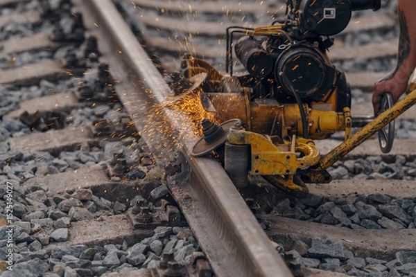 Fototapeta A worker in the process of a railroad track weld repair, reconstruction with a freight train passing