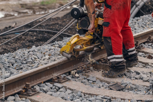 Fototapeta A worker in the process of a railroad track weld repair, reconstruction with a freight train passing