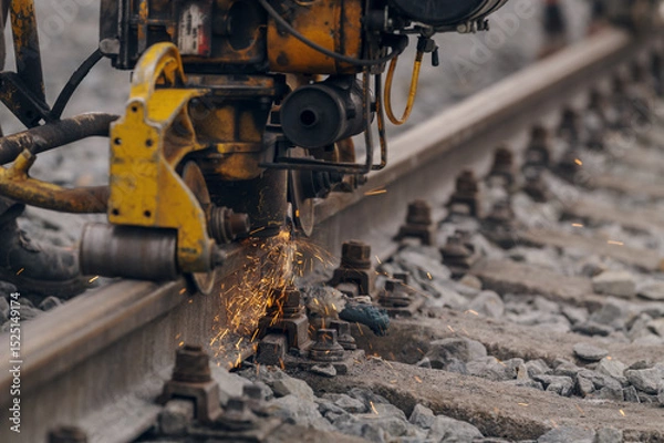 Fototapeta A worker in the process of a railroad track weld repair, reconstruction with a freight train passing