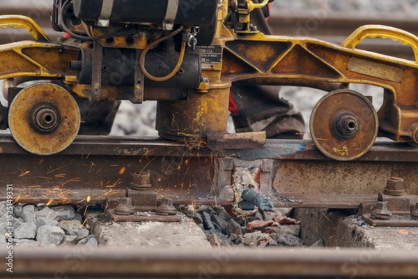 Fototapeta A worker in the process of a railroad track weld repair, reconstruction with a freight train passing