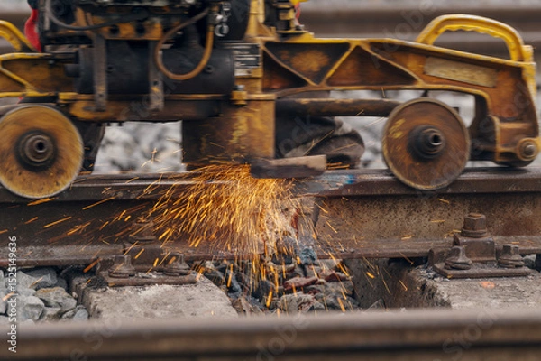Fototapeta A worker in the process of a railroad track weld repair, reconstruction with a freight train passing