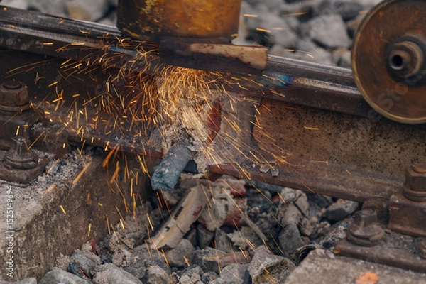 Fototapeta A worker in the process of a railroad track weld repair, reconstruction with a freight train passing