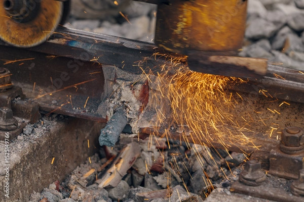 Fototapeta A worker in the process of a railroad track weld repair, reconstruction with a freight train passing