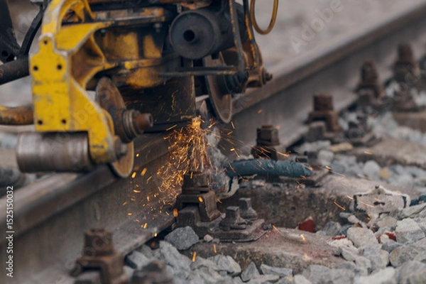 Fototapeta A worker in the process of a railroad track weld repair, reconstruction with a freight train passing