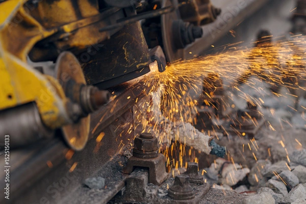 Fototapeta A worker in the process of a railroad track weld repair, reconstruction with a freight train passing