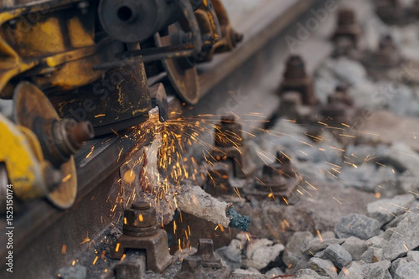 Fototapeta A worker in the process of a railroad track weld repair, reconstruction with a freight train passing