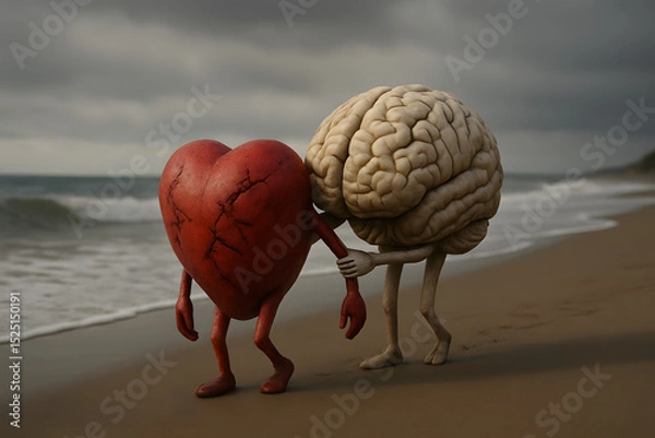 Obraz Brain and Heart's Coastal Stroll: A whimsical surreal depiction of a brain and heart taking a reflective walk along the seashore.