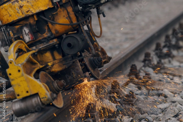 Fototapeta A worker in the process of a railroad track weld repair, reconstruction with a freight train passing